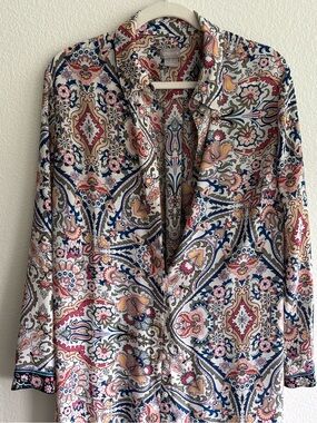 Chico's Paisley Floral Print Tunic Dress in White, Navy, Pink, Yellow
